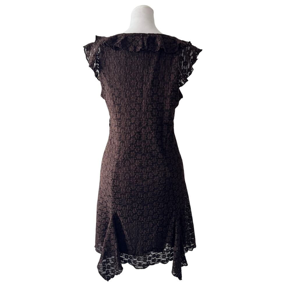 NWT No Comment Dark Brown Lace Ruffle Asymmetrical Stretch Knee Length Dress - Picture 7 of 10